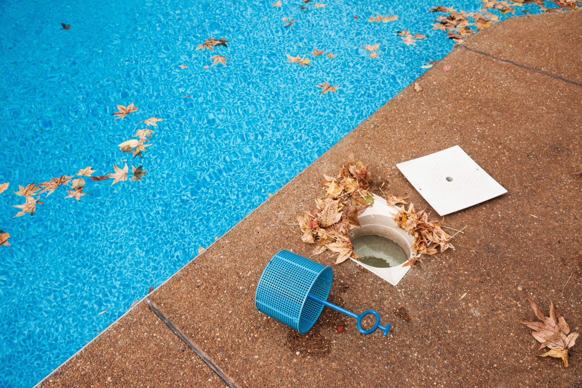 Empty pool skimmer beside dirty pool